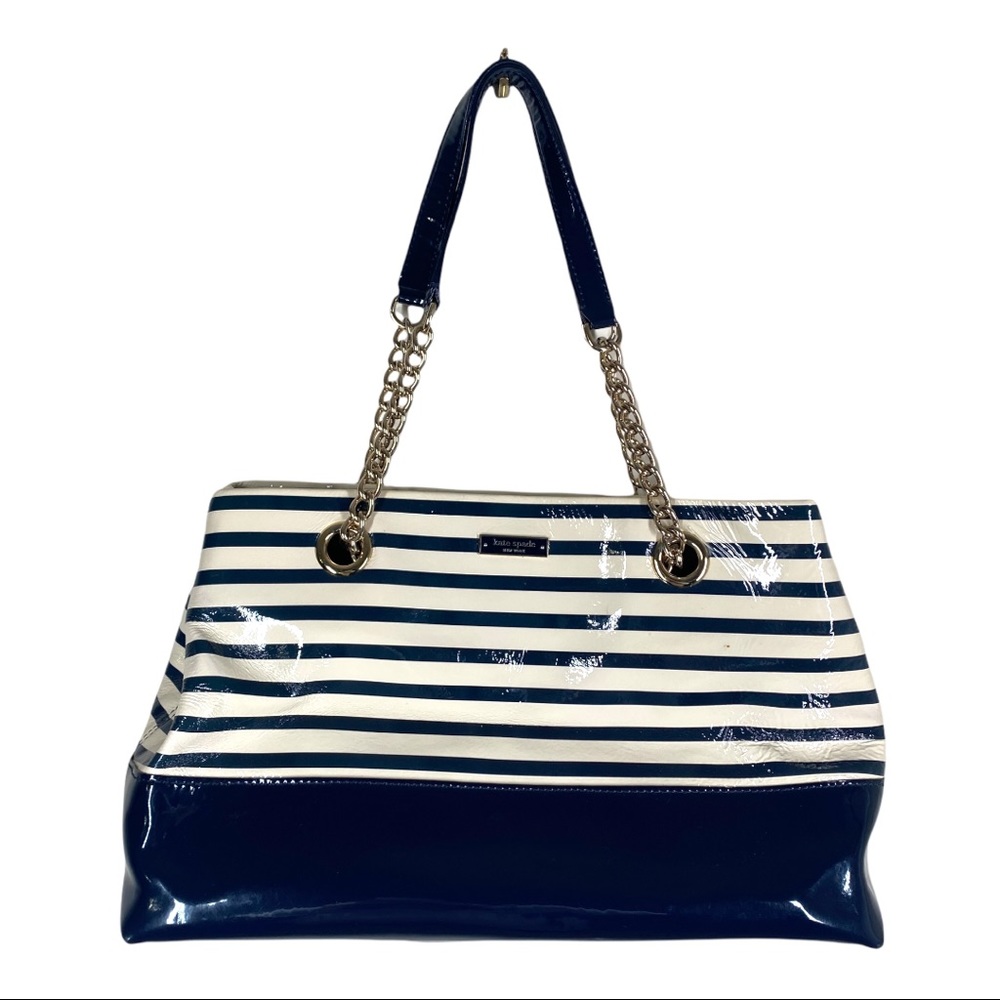 Kate Spade Montrose Elena White and Navy Stripe Patent Leather Chain Purse - Picture 13 of 13